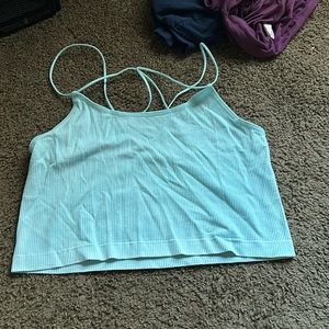 blue large crop top. workout top. spaghetti straps.